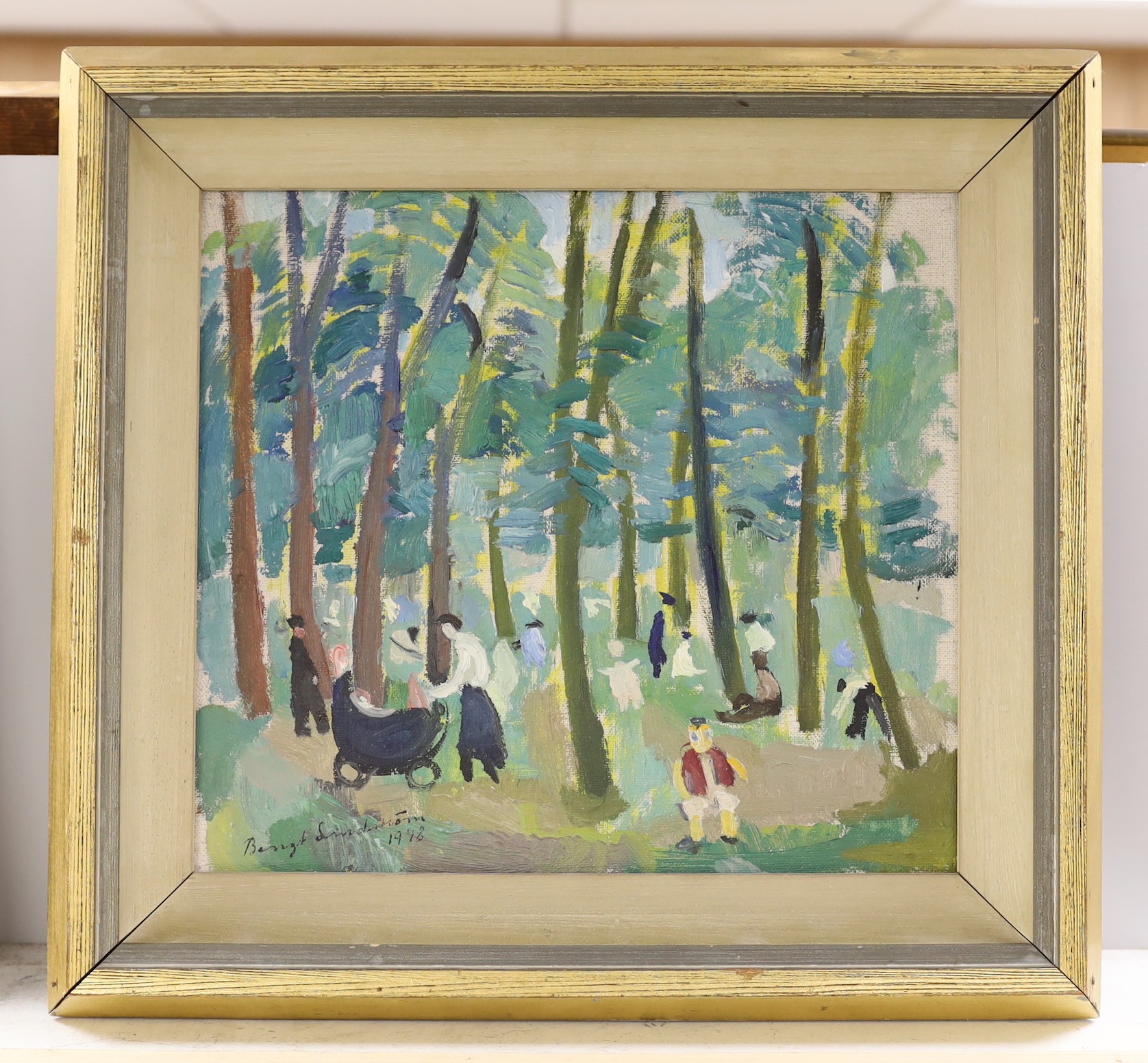 Bengt Lindstrom (1925-2008), oil on canvas, Figures in woodland, signed and dated 1948, 27 x 30cm, assorted press cuttings verso